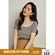 獨束大碼女裝經(jīng)典撞色條紋U領(lǐng)針織小衫女夏季新款微胖mm氣質(zhì)上衣 米黑條紋 2XL