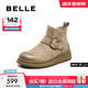 百麗（Belle）復古鞋頭擦色休閑靴女2025冬商場(chǎng)同款真皮厚底短靴E5D1DDD5 杏色 37
