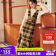 Olrain歐芮兒法式格子背帶連衣裙女秋冬年收腰復古背心裙 咖格 S