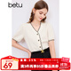 百圖betu女裝夏季新款襯衫撞色V領(lǐng)小香風(fēng)襯衫短袖上衣女2403T62 米白 M