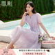 香影薰衣草紫印花連衣裙女2025夏裝新款收腰系帶溫柔風(fēng)泡泡袖裙子 淺紫 M 160/84A/95-110斤
