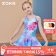 洲克zoke兒童泳衣三角卡通美人魚(yú)泳衣中大童連體裙擺運動(dòng)戲水游泳衣 粉蘭紫美人魚(yú)花 150 -68-58