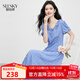 熙世界（sllsky）法式度假碎花連衣裙2025夏天新款泡泡袖花邊V領(lǐng)雪紡裙子 藍底黃花 S