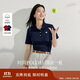 茵曼正肩純色女裝polo領(lǐng)針織短袖t恤春夏季休閑百搭上衣 藏青色 M
