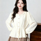 哈魯迪法式襯衫女木耳邊秋冬款設計感系帶圓領(lǐng)收腰顯瘦疊穿短款長(cháng)袖打底 杏色 L （105-115斤）