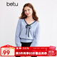 百圖betu女裝秋季新款曠野美拉德V領(lǐng)撞色蝴蝶結針織衫女2408T11 灰蘭 M