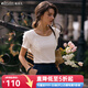 Olrain歐芮兒米白色正肩短袖T恤女夏季女裝氣質(zhì)方領(lǐng)荷葉邊上衣 米白色 XL