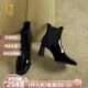 OLJ奢侈高端品牌女鞋漆皮方頭高跟短靴秋季新款通勤時(shí)尚百搭粗跟單靴 黑色漆皮 37