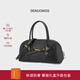 特洛利思（DENUONISS）水晶植鞣頭層牛皮保齡球包復古鎖扣手提包女斜跨包輕奢真皮貝殼包 黑色-禮盒包裝+賀卡