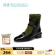 蹀愫（TIGRISSO）冬新款瑪麗珍襪靴瘦瘦靴復古彈力靴低跟美拉德風(fēng)短靴女TA43703-11 黑色皺羊皮革灰綠色織物 37 235mm