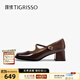 蹀愫（TIGRISSO）【明星同款】粗跟黑色復古心動(dòng)瑪麗珍通勤法式小皮鞋 黑啡色漸變牛漆皮革 36