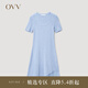 OVV2023春夏新款女裝彈力修身A型傘裝不對稱短袖U領(lǐng)針織裙 藍(lán)灰鑲拼09 S