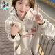 甜米寶秋冬加絨加厚卡通小貓印花衛衣女2025年新款灰色連帽美式寬松上衣 白灰色-薄款 L 【105-120斤】