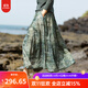 知筆墨春款新品苧麻松緊腰復古文藝寬松印花A擺半身裙 綠色印花 L