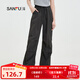 三福休閑褲2025夏季英文刺繡寬松闊腿工裝風(fēng)褲子女裝497905 黑色 L