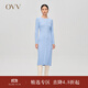 OVV秋冬熱賣(mài)女裝羊毛立體曲線(xiàn)坑條裝飾圓領(lǐng)長(cháng)袖針織連衣裙 淺藍（凈色）A5 S