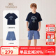 英氏（YEEHOO）男童套裝夏季兒童衣服短袖短褲兩件套輕薄透氣運動休閑中大童裝 經(jīng)典學院+樂享輕量-深藍+牛仔藍 165