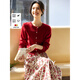 梵希蔓假日風(fēng)休閑套裝女春季新款針織上衣半身裙兩件套 杏底紅花色  M