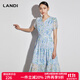 藍地（LANDI）藍地2023年夏季新款淺藍色v領(lǐng)印花碎花連衣裙女雪紡中長(cháng)裙子 淺藍色 S