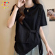 CS.LION大碼設計感假兩件拼接不規則短袖T恤夏季胖MM顯瘦遮肚百搭上衣女 黑色  XL 建議120-140斤