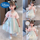 迪士尼（Disney）漢服女童連衣裙夏季薄款短袖唐裝寶寶超仙中國風(fēng)兒童夏裝古裝襦裙 三色漢服  藍色  送 小挎包 頭花 90 (升級款)