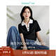茵曼（INMAN）Polo領條紋短袖T恤2025夏季女裝新款修身顯瘦上衣 午夜黑 S