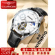 冠琴（GUANQIN）瑞士認證手表男士全自動(dòng)機械表鏤空飛輪男表百搭潮流月相夜光國表 黑皮本色白面