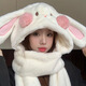 QUEENJOY毛絨兔子耳朵帽子圍巾手套一體帽三件套可愛(ài)女生冬季加厚圍脖保暖 腮紅兔-白色