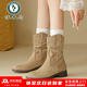 啄木鳥(niǎo)內增高堆堆靴子女秋冬2025新款美拉德西部牛仔小個(gè)子中筒馬丁靴女 杏色 37 (235mm) （腳寬腳胖建議拍大一碼）