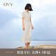 OVV2023春夏新款女裝復(fù)古優(yōu)雅翻領(lǐng)短袖休閑彈力針織連衣裙 米杏條紋14 L