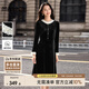 尚都比拉撞色花邊絲絨連衣裙女冬季優(yōu)雅圓領(lǐng)長(cháng)袖A字裙藏肉顯瘦氣質(zhì)中長(cháng)裙