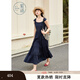 紫涵（ZIHAN）紫涵打攬收腰吊帶連衣裙女2025夏季新款法式甜美花邊拼接a字長(cháng)裙 深藏青 M