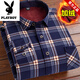 花花公子純色棉加絨長(cháng)袖襯衫男秋冬季格子襯衣男保暖外套印花休閑爸爸裝 C631 2XL 適合130斤-150斤