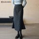 Olrain歐芮兒復古菱形格子魚(yú)尾裙女裝秋冬顯瘦中長(cháng)款半身裙 藏青色 XL