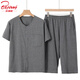 北極絨中老年男士短袖純棉圓領(lǐng)開(kāi)衫T恤七分褲套裝寬松家居服男夏季薄款 深麻灰色（短袖+七分褲） 2XL （建議120-140斤）