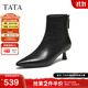 他她（TATA）加絨靴子2025秋冬牛皮短靴細跟短筒靴黑色洋氣高跟靴UWT01DD5 黑色（寬版） 37