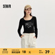 森馬（Semir）【甜心女高】長(cháng)袖t恤女短款緊身蕾絲花邊上衣24新款甜美印花外穿 黑色90001 L