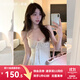 西遇法式掐腰連衣裙女夏季新款度假風(fēng)系帶v領(lǐng)吊帶裙 米白色 L (165)