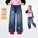 茵曼童裝女童奧粒絨牛仔褲后袋蝴蝶結25冬季中大童加厚保暖褲子 牛仔藍 120
