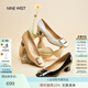 NINE WEST/玖熙高跟鞋粗跟新款真皮通勤方頭金屬扣女士單鞋 米白 37