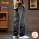 吉普（JEEP）美國正品Jeep高端美式復古牛仔褲男士春秋寬松直筒潮牌闊腿長(cháng)褲子 9002藍灰色【官方正品】 33 推薦145-155斤