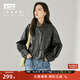 對白設計感抽繩PU皮短外套女2025秋季新款小個(gè)子時(shí)髦立領(lǐng)皮衣夾克 曜黑灰 M