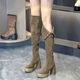 葉余過(guò)膝靴女秋冬圓頭高跟絨面長(cháng)靴粗跟防水臺側拉鏈皮帶扣百搭高筒靴 卡其-長(cháng)靴(升級版) 34