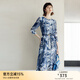 顏域圓領(lǐng)七分袖連衣裙春裝女2024年新款中長(cháng)款連身裙時(shí)尚氣質(zhì)裙子 藍花 L