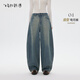 飛鳥(niǎo)和新酒寬松高腰牛仔褲女小個(gè)子2026春季新款休閑顯瘦彎刀褲 靛藍HCH07 S