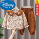 迪士尼（Disney）女童秋裝套裝2025新款森系兒童碎花上衣春秋女寶寶洋氣時(shí)髦兩件套 卡其色套裝 100