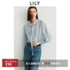 LILY2025秋新款醋酸混紡木耳邊立領(lǐng)飄帶泡泡袖休閑通勤長(cháng)袖襯衫女 401藍色 XL