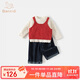 班喜迪女童套裝秋裝2025新款洋氣寶寶背帶上衣褲子兒童衣服三件套春秋季 紅色 90