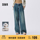 森馬（Semir）牛仔褲女寬松闊腿褲顯瘦潮流秋季松弛感打褶長(cháng)褲腰帶103524124012