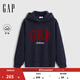 GAP女裝2025秋季新款撞色Logo寬松抓絨套頭連帽衫衛衣上衣792499 海軍藍 M (165/88A) 亞洲尺碼